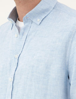 Синяя льняная рубашка классического кроя - Cacharel фото 7