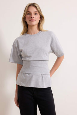 Gri Melanj Fitted/Vucuda Oturan Dusuk Kol K?sa Kollu Tok %100 Pamuk Orme T-Shirt TWOSS26TS00046