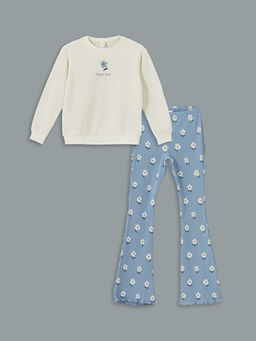 Bisiklet Yaka Uzun Kollu ?i?ekli K?z Bebek Sweatshirt ve Tayt 2li Tak?m