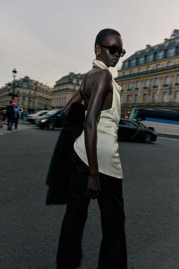 ASYMMETRIC SATIN HALTER TOP