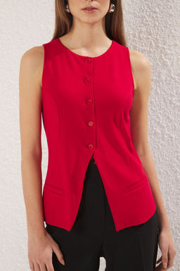 TRENDYOLMILLA Siyah Fleto Cep Detayl? Vucuda Oturan Dugmeli Regular Orme Bluz Yelek TWOSS25YE00031  фото 3
