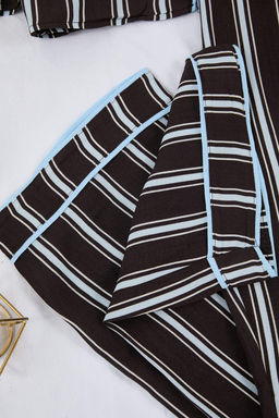 Kahverengi-Mavi Cizgili Biyeli Viskon Dokuma Pijama Tak?m? THMAW21PT0292