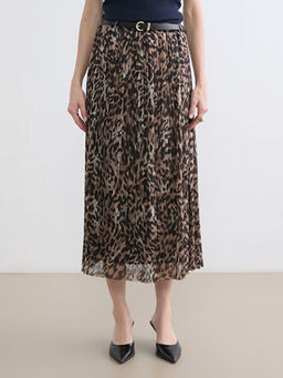 Beli Kemerli Desenli ?ifon Pileli Etek