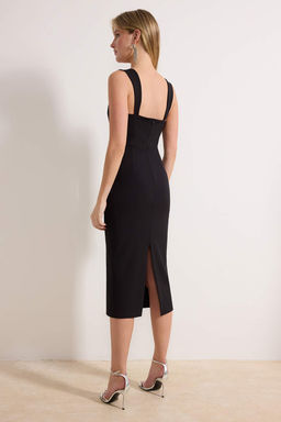 Siyah Tas Aksesuar Detayl? Dokuma Midi S?k/Gece Elbise TPRSS26EL00006