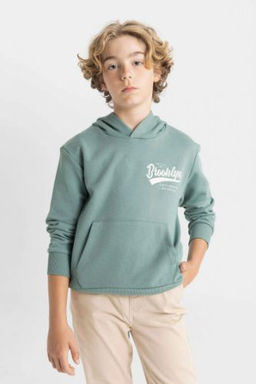 Erkek Cocuk Yesil Yaz? Bask?l? Cepli Kapusonlu Okul Sweatshirt