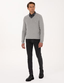 A__k Gri Melanj Slim Fit V Yaka Basic Triko Kazak - Pierre cardin фото 4