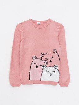 Bisiklet Yaka Desenli Uzun Kollu K?z ?ocuk Triko Kazak