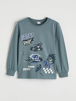 Bask?l? Bisiklet Yaka Erkek ?ocuk Pijama Tak?m?