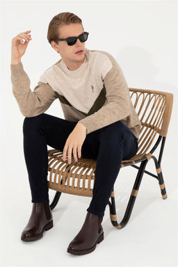 U. S. Polo Assn Мужской светло-коричневый меланжевый трикотажный свитер с круглым вырезом - U.s. polo assn фото 7