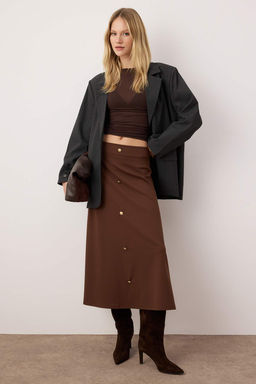 Kahverengi A Line/Can Kesim Onu Dugmeli Midi Etek TWOAW26ET00047