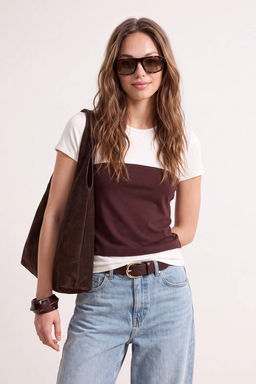 _ok renkli Fitted/V_cuda Oturan K_sa Kollu _rme Pamuklu Esnek _rme T-shirt TWOSS26TS00298