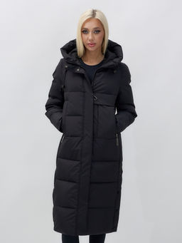 Пальто утепленное стеганное зимнее с капюшоном женское черного цвета 9628Ch - Mtforce фото 11