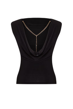 Trendyolmilla Siyah S?rt Detayl? Zincir Aksesuarl? Degaje Yaka Orme Bluz TPRAW25BZ00004