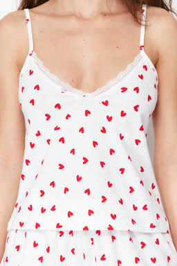 Trendyolmilla Beyaz %100 Pamuklu Kalpli Dantelli Ip Ask?l? Sortlu Orme Pijama Tak?m? THMSS24PT00106  фото 12