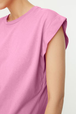 Pembe %100 Pamuk Vatka Gorunumlu Basic Bisiklet Yaka Orme T-Shirt TWOSS20TS0021