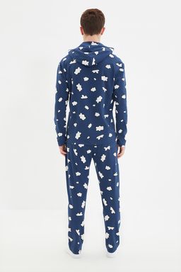 TRENDYOL MAN Lacivert Regular Fit Bask?l? Ust Kapusonlu %100 Pamuk Pijama Tak?m? TMNAW22PT1067 - Trendyolmilla фото 4