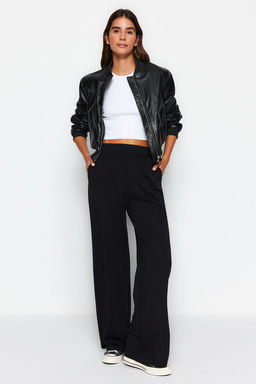 Siyah Premium Yumusak Kumasl? Cepli Wideleg/Rahat Kesim Orme Esofman Alt? Pantolon TWOAW24EA00012