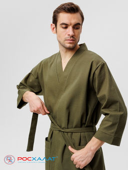 Мужской укороченный вафельный халат с планкой хаки В-05 (26)