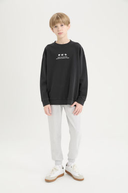 Oversize Geni_ Kal_p Bisiklet Yaka S_rt Bask_l_ Y_kamal_ Soluk Efektli Sweatshirt Erkek _ocuk - Defacto фото 6