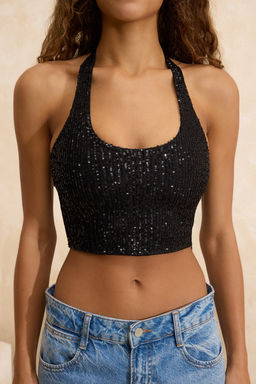 Siyah Kare Yaka Beden Oturan Payet Party Bluz TPRSS26BZ00013