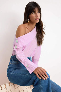 Pembe _izgili Asimetrik Yaka Dokuma Bluz TWOSS26BZ00666