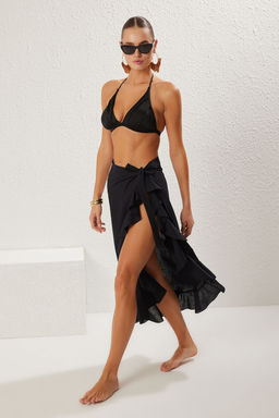 Siyah F?rf?rl? Dokuma Keten Gorunumlu Plaj Pareo TBESS25PR00005