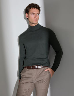 Koyu Haki Slim Fit Yar_m Bal_k__ Yaka Basic Triko Kazak