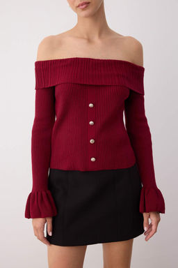 Bordo Fitted/Vucuda Oturan Carmen Yaka Fitilli Triko Kazak TWOAW26KZ00010 - Trendyolmilla фото 3
