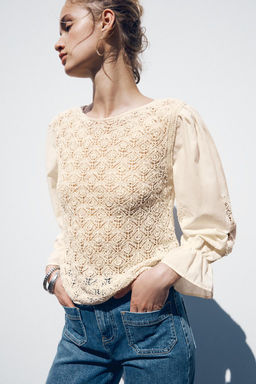 POINTELLE KNIT SWEATER WITH CONTRASTING SLEEVES - Zara фото 2