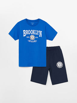 Bisiklet Yaka Bask?l? K?sa Kollu Erkek ?ocuk ?ortlu Pijama Tak?m?