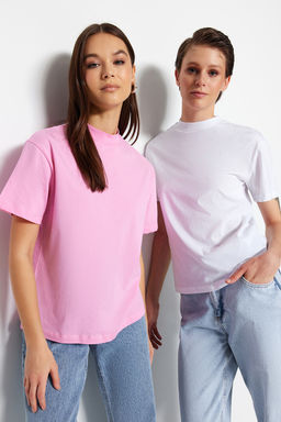 Pembe-Beyaz 2li Paket %100 Pamuk Basic Dik Yaka Orme T-Shirt TWOSS20TS1500