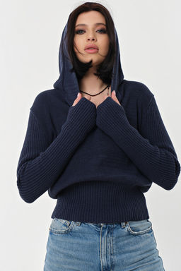 Джемпер хлопковый с капюшоном меланж синий