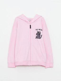 Kap??onlu Bask?l? Uzun Kollu K?z ?ocuk Fermuarl? Sweatshirt