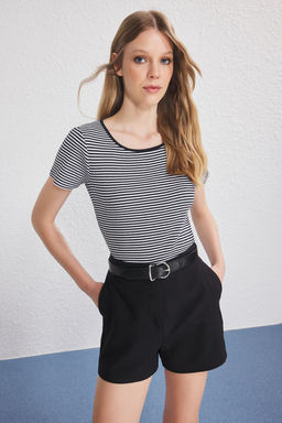 Siyah Duz-Siyah Cizgili 2li Paket Havuz Yaka Vucuda Oturan Fitlli Esnek Orme Bluz TWOSS25BZ00512 - Trendyolmilla фото 2