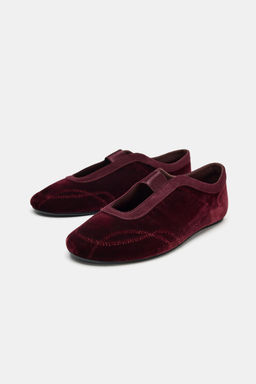 VELVET-EFFECT TOPSTITCHED BALLET FLATS - Zara фото 3