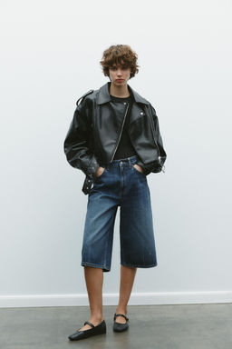 LEATHER EFFECT CROPPED BIKER JACKET