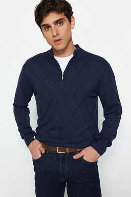 Lacivert Slim Fit Pamuklu Yar_m Bal_k__ Fermuarl_ Yaka Smart Triko Kazak TMNAW23KZ00215