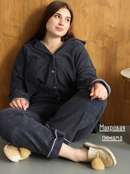 Теплая махровая пижама с брюками однотонная 48-56