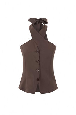 Koyu Kahverengi Modal Kar?s?ml? Boyundan Baglamal? Fitted Yelek TWOSS26YE00029