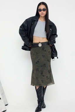 Teen Haki Cicek Bask?l? Bodycon Tul Esnek Orme Etek TWOAW26ET00036