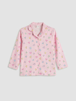 G?mlek Yaka Kalp Bask?l? K?z ?ocuk Pijama Tak?m