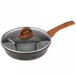 Сковорода с тефлоновым покрытием д24см "Гармония", h6,5см, стеклянная крышка с пароотводом, пластмассовая ручка с покрытием "soft-touch" под дерево, "Мрамор", подарочная упаковка (Россия)