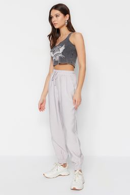 Gri Jogger Beli Lastikli Cepli Dokuma Pantolon TWOSS20PL0129