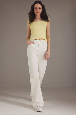 Beyaz Cicek Nak?sl? Normal Bel Wide Leg Jeans TWOSS25JE00232 - Trendyolmilla фото 2