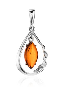 Красивый кулон Рапсодия из серебра и янтаря коньячного цвета