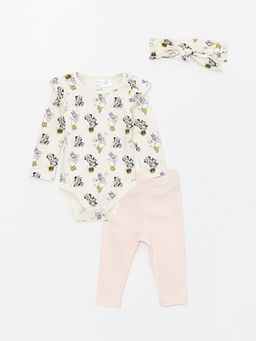 Bisiklet Yaka Uzun Kollu Minnie Mouse Bask?l? K?z Bebek ??t??tl? Body Pantolon ve Sa? Band? 3l? Tak?m