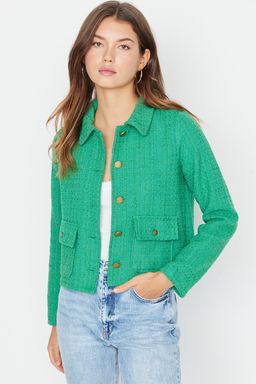 Yesil Fitted Cep Detayl? Ekose Crop Dokuma Ceket TWOAW23CE00140