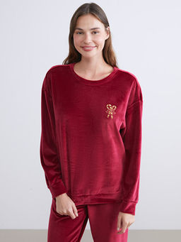 Bisiklet Yaka Nak??l? Kad?n Kadife Pijama Tak?m?