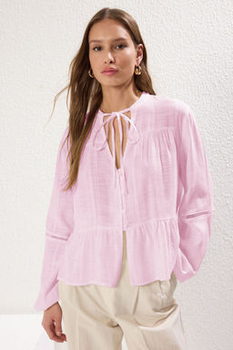 Kahverengi Pamuklu Dokulu Kolda Dantelli Regular Kal?p Boho Dokuma Gomlek TWOSS25GO00038