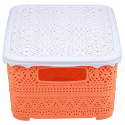 "Домашняя мода" Корзина пластмассовая для хранения "Вышивка" 26,5х19см h11,1см, матовый пластик, с серой крышкой, с ручками, кирпичный (Китай)